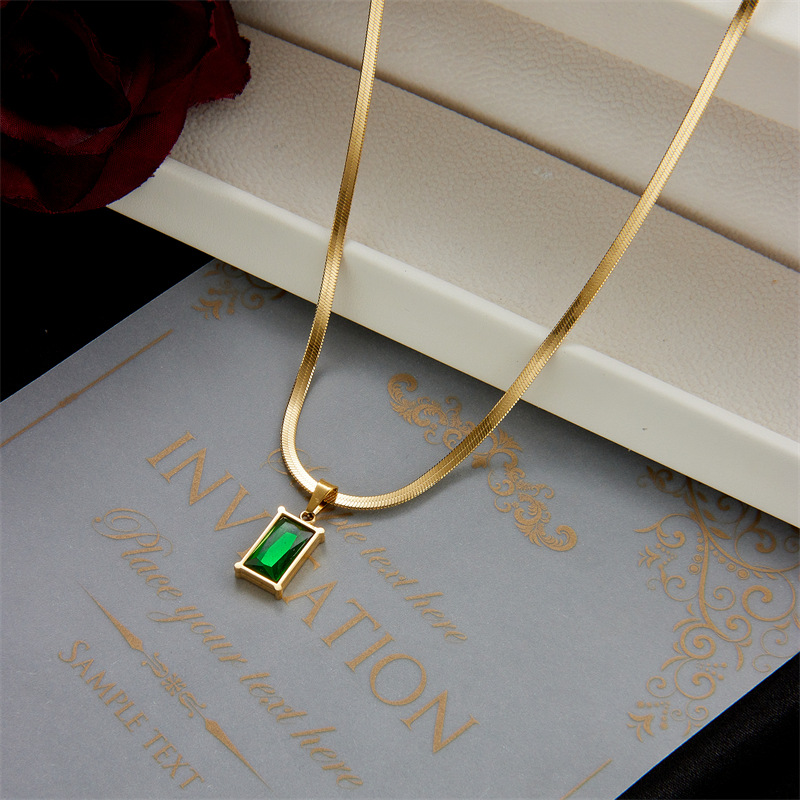 European and American ins minimalist green rectangular pendant titanium steel color-preserving flat snake bone gemstone high-end and versatile collarbone necklace details Picture