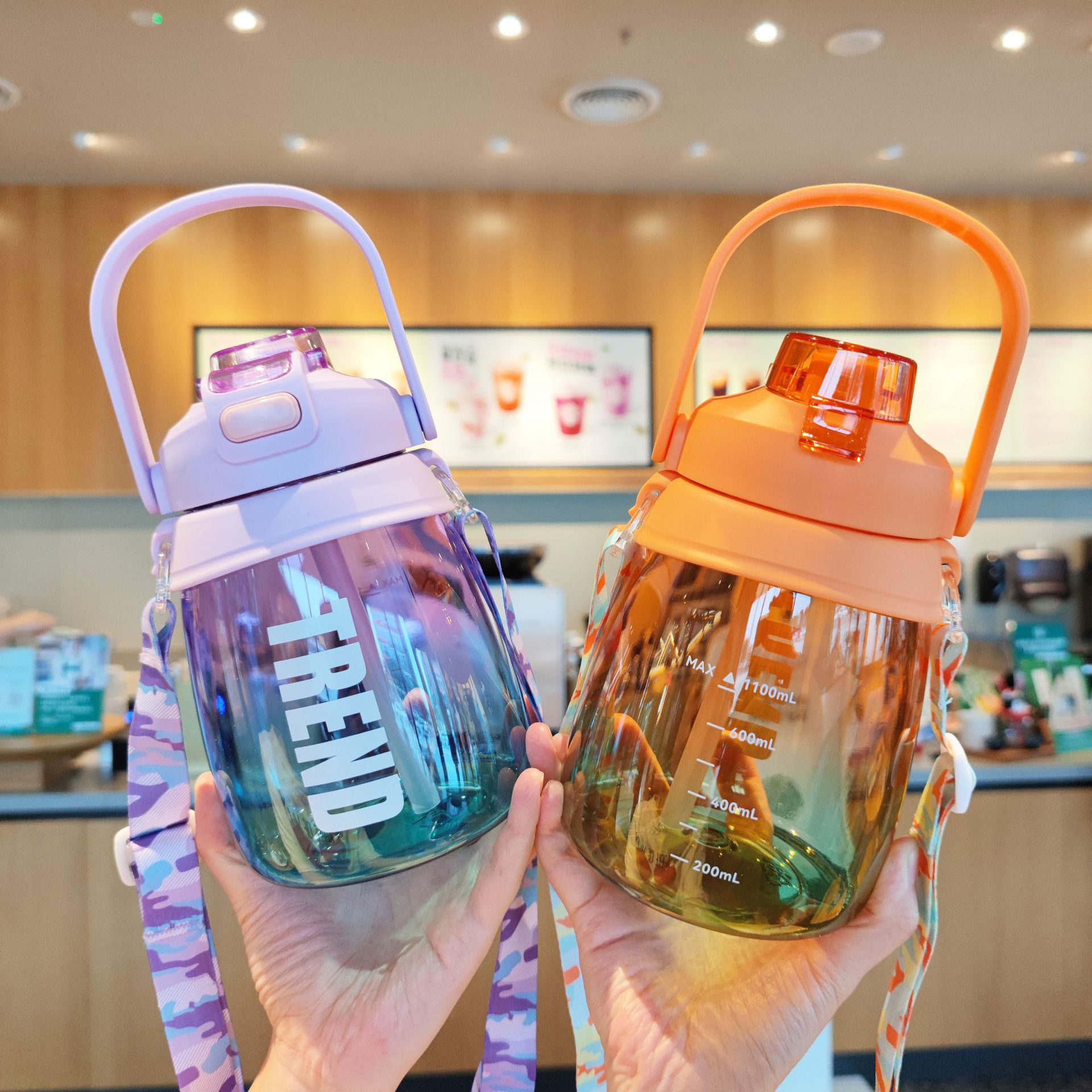 High appearance level, double-drinking cup, cross-border children's straw cup, large-belted cup, portable crossbody strap, new trendy and cute water bottle details Picture