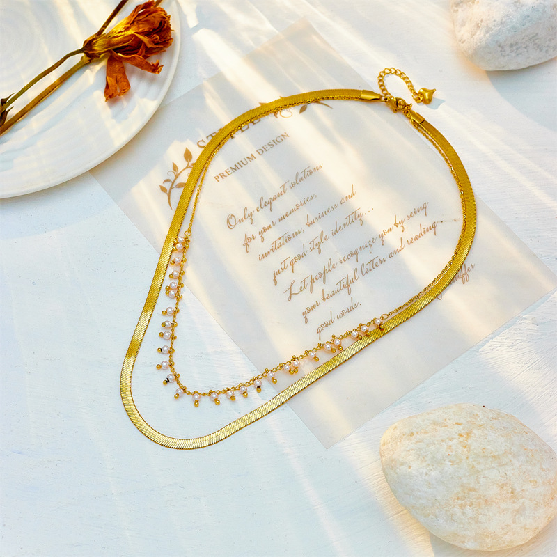 European and American double-layer stacked chain pearl titanium steel jewelry necklace, fashionable and versatile, simple and elegant, retro collarbone chain Specification drawing