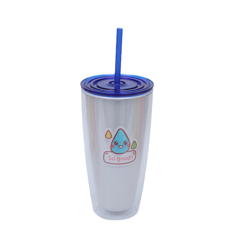 Factory direct sales of hot-selling straw cups, portable large-mouth easy-to-clean drinking cups, cartoon fruit pattern double-layer cups Item Picture
