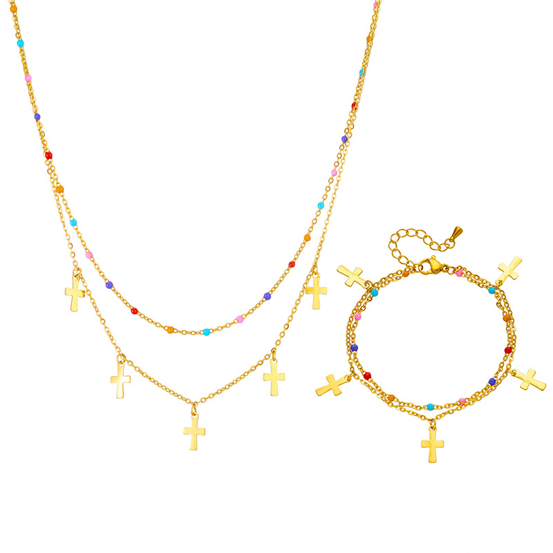 European and American fashion, creativity, individuality, versatility, ethnic style mixed color rice bead chain cross titanium steel pendant jewelry set Item Picture