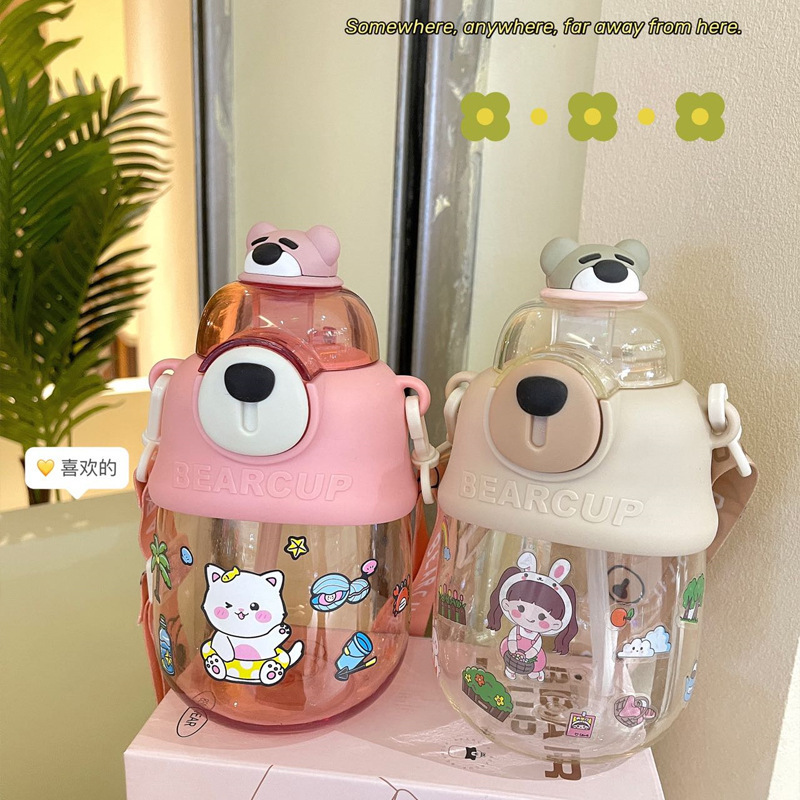 Wholesale of popular "Dun Dun Bear" straw cups, cute cartoon "Cute Bear" big-belted cups, and summer plastic water cups for students and children Application Scenario