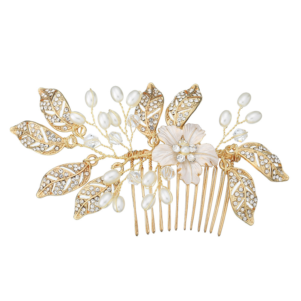 New European and American water diamond pearl bridal hair comb, floral leaf hair accessory, retro alloy handcrafted comb accessory Item Picture