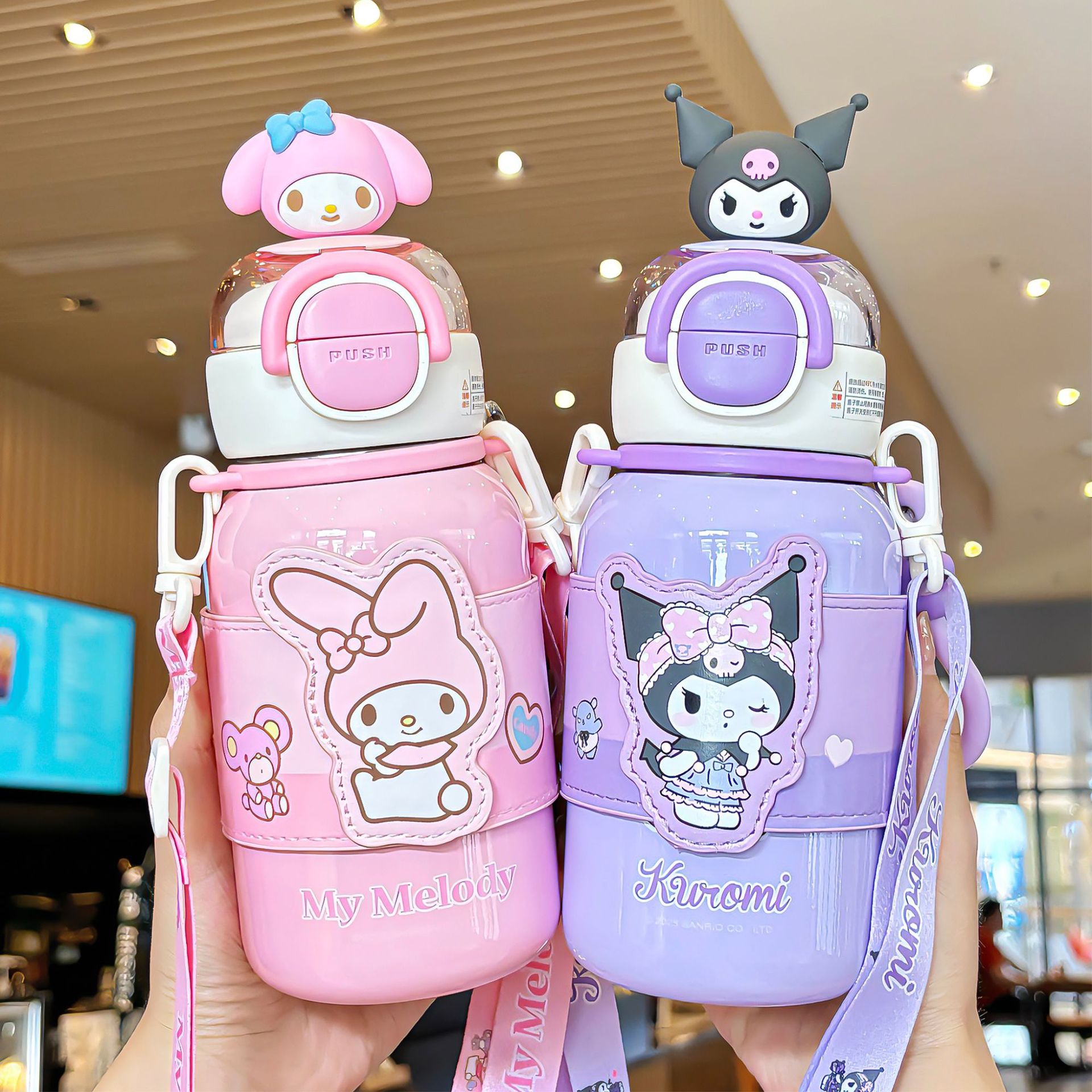 Sanrio Family series double drinking cup sleeve Children's insulated portable cup, sturdy cup ring adjustable cup rope drinking cup full figure