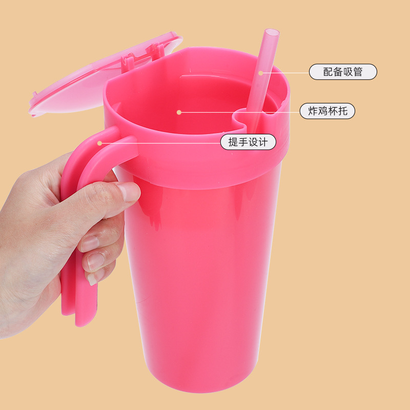 New cross-border temperature-adjustable colored fried chicken cup, snack and beverage integrated plastic cup with handle, straw cup and beverage cup details Picture