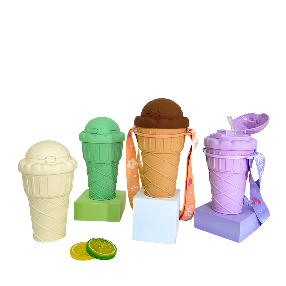 New ice cream cone, straw, plastic cup, children and students, outdoor portable cup, large capacity, cute pop-up lid water cup Item Picture