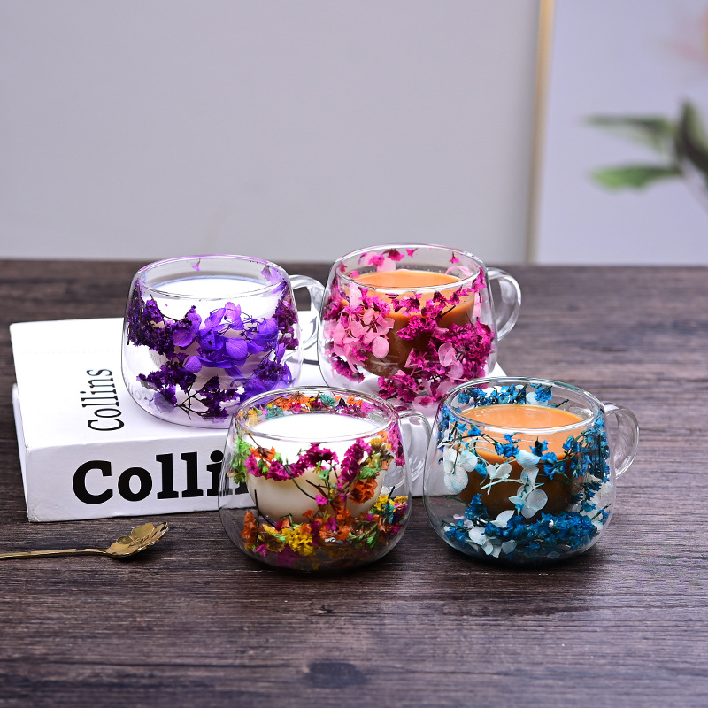 High-appearance-level double-layered glass cups, high-borosilicate glass tea cups, internet-famous double-layered dried flower cups with handles, coffee cups with handles details Picture