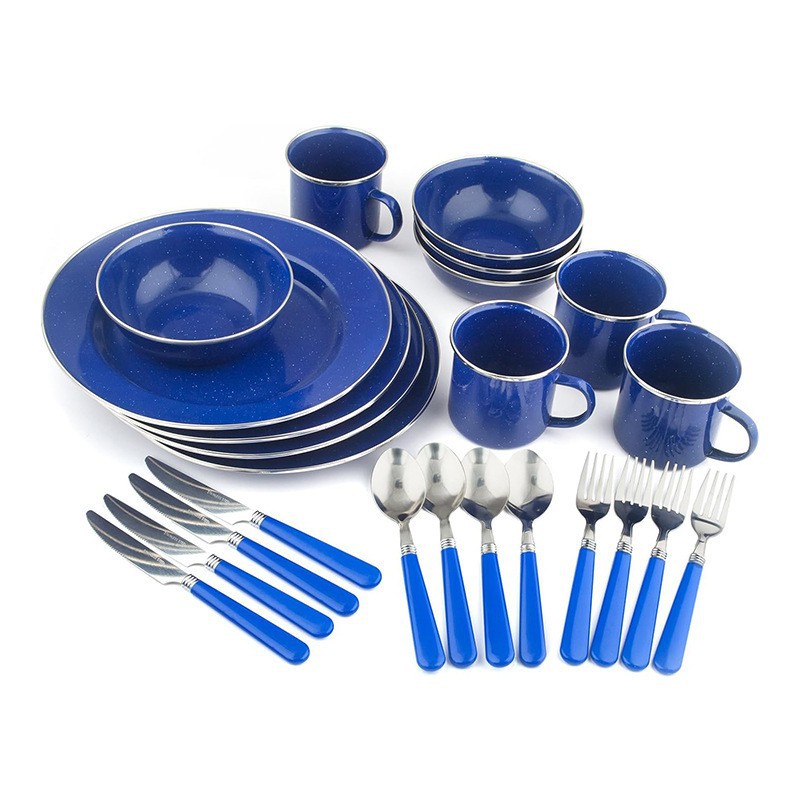 Amazon's best-selling enamel plates and bowls, 24-piece enamel outdoor camping tableware set, picnic and camping open flame enamel cups full figure