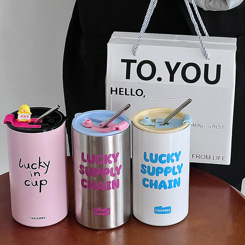 Dopamine stainless steel cup, anti-drop double-layer large-capacity insulated cup, simple coffee cup, high appearance level straw cup for girls full figure