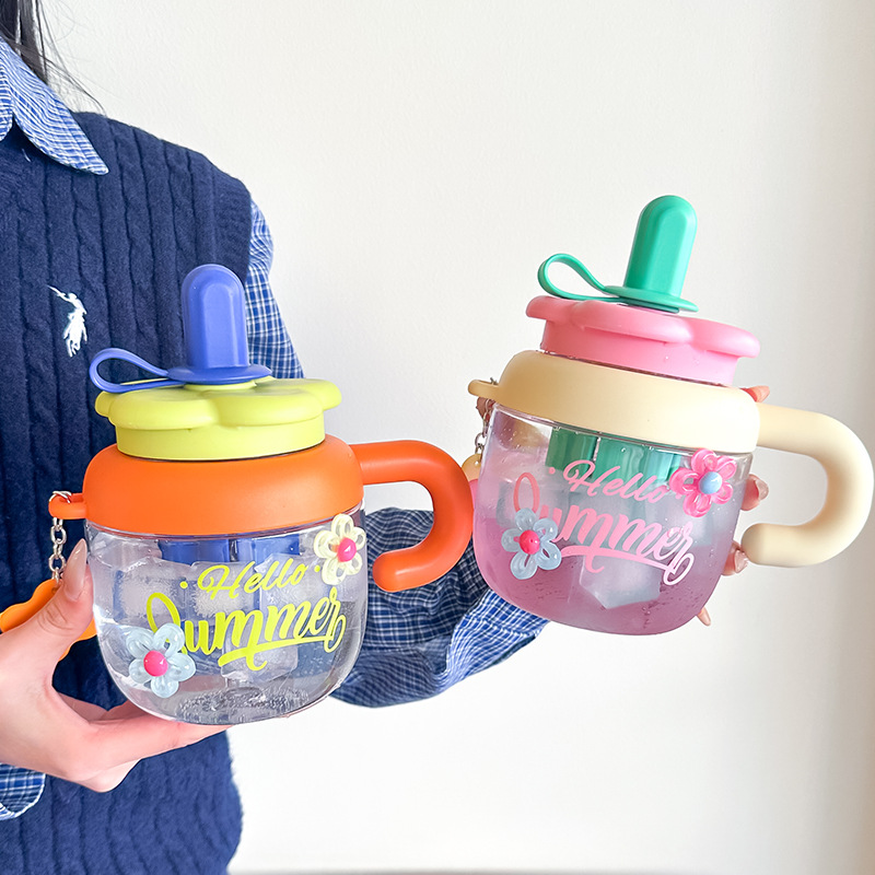 The new summer Flower Ice cup is a large-capacity, cute, big-bellied water cup with a portable handle and a plastic cup with a filter for making tea Specification drawing