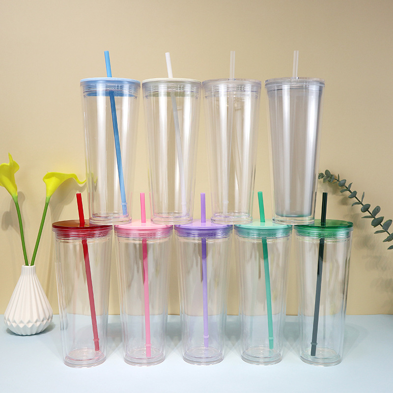 Cross-border best-selling fashionable household straw cup with screw cap 710ml large-capacity water cup, double-layer high-temperature resistant luminous water cup full figure