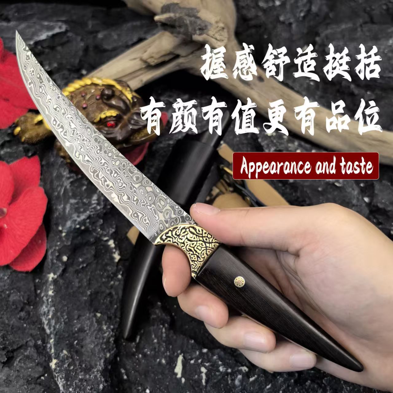 【 Xuan Yue 】 High-end collectible and gift-giving Damascus steel straight knife, one-piece keel, ebony handle, carved brass details Picture