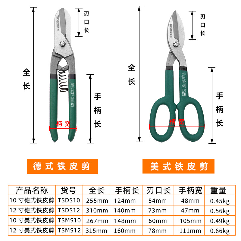 Tuosen industrial-grade 10-inch American tin shears, stainless steel tin shears, multi-functional 12-inch German tin shears Specification drawing