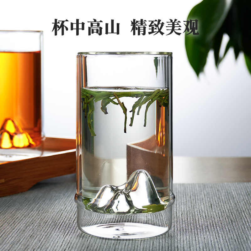 Wholesale household double-layer glass tea cups, mountain viewing cups, tea drinking cups, high appearance level cups, thickened high-temperature resistant tea brewing cups full figure