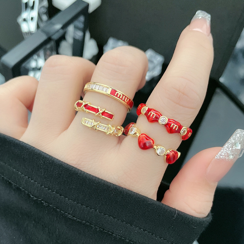 A light luxury style, a red drip glaze open ring with a feminine cold and cool style, a niche, sweet, trendy and high-end index ring details Picture