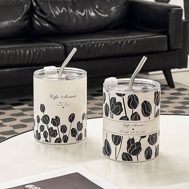 2025 New creative water cup for women on Instagram, high appearance level, niche 304 stainless steel straw coffee cup, tulip cup full figure