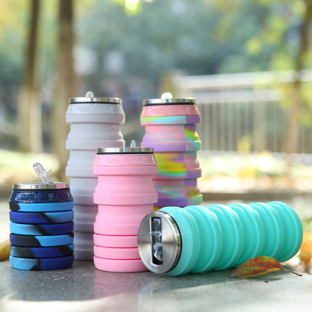New Amazon silicone folding cup, creative stretchable can water bottle, camouflage folding sports water bottle details Picture