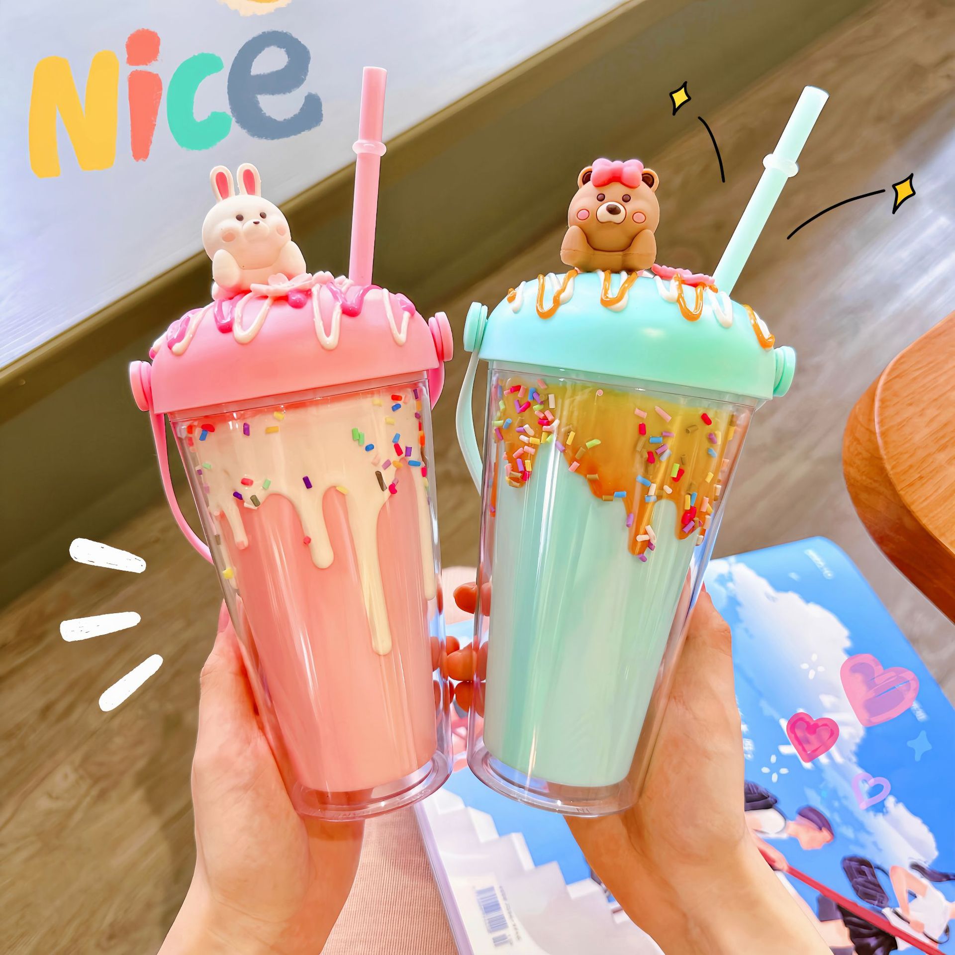 Cute summer straw cup cartoon micro-landscape girl water cup Office high appearance level ice cream portable cup details Picture