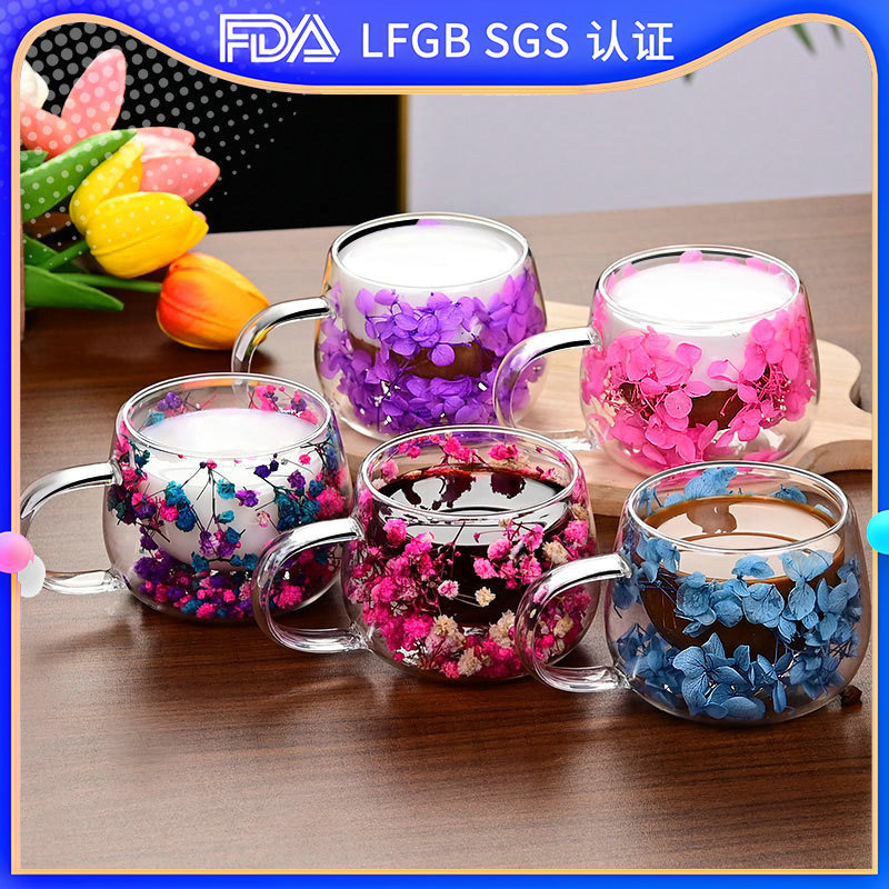 Cross-border universal internet-famous double-layered glass cup with real flowers, high appearance level, souvenir coffee cup, high borosilicate simple cup full figure