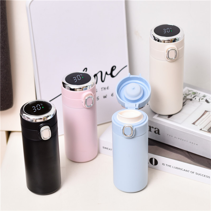 New double-layer vacuum bouncing lid stainless steel insulated cup, intelligent temperature display, pea cup temperature measurement business water cup Specification drawing