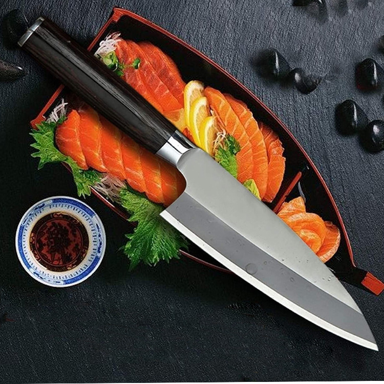 The Sashimi knife is a Japanese-style butcher's knife, with both hands using willow blades to make the sashimi knife and the salmon head knife Application Scenario