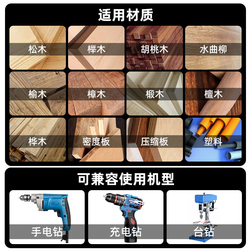 Multi-tooth flat wing drill, woodworking hole opener, hand electric drill, hole punisher, reaming, wood board, wood hinge special drill bit Application Scenario