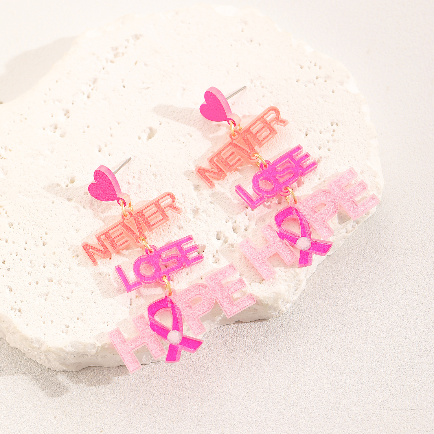 European and American cross-border acrylic English letter heart pink ribbon long stud earrings earrings, breast care earrings for women Application Scenario