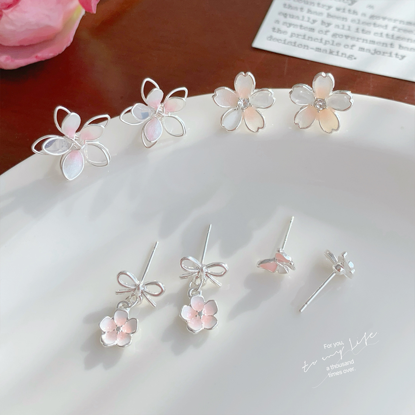 Sweet pink cherry blossom earrings for spring and summer, with a light luxury and high-end feel. Silver needle, super ethereal butterfly, elegant oil-dripping earrings Application Scenario