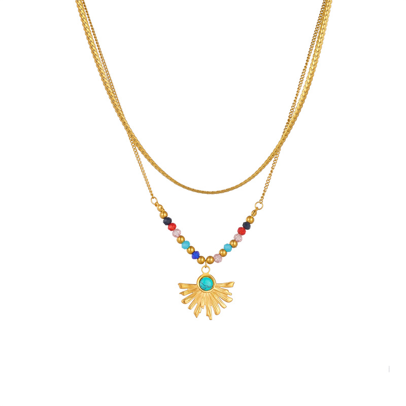 European and American niche design ethnic style colorful beaded fan-shaped turquoise stainless steel gold-plated pendant chain necklace Item Picture