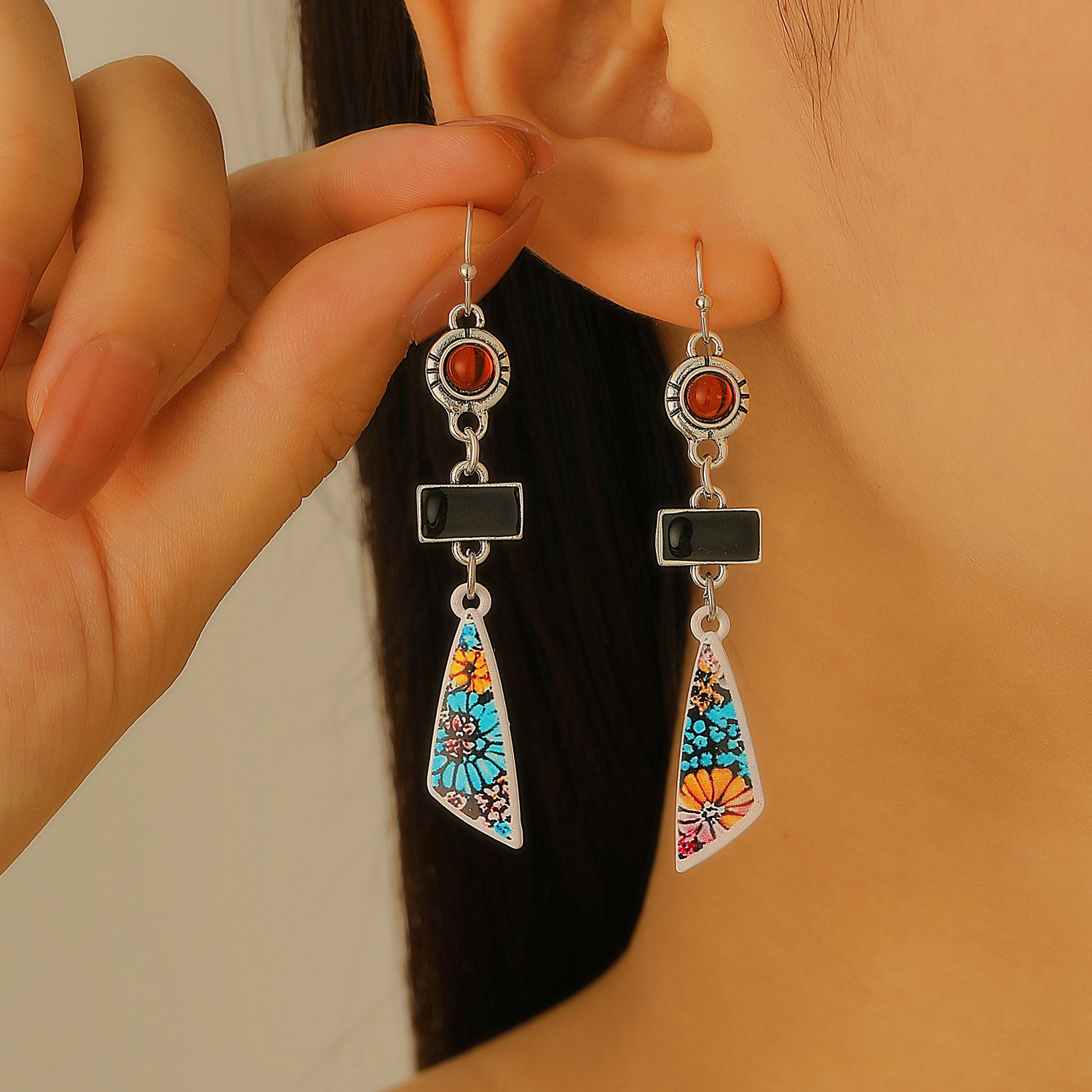 European and American cross-border jewelry, retro ethnic style, creative, niche and individual earrings, women's geometric patchwork color-blocking earrings and accessories details Picture