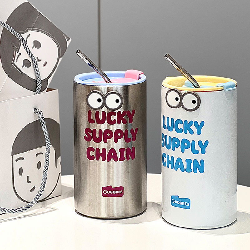 Dopamine stainless steel cup, anti-drop double-layer large-capacity insulated cup, simple coffee cup, high appearance level straw cup for girls details Picture