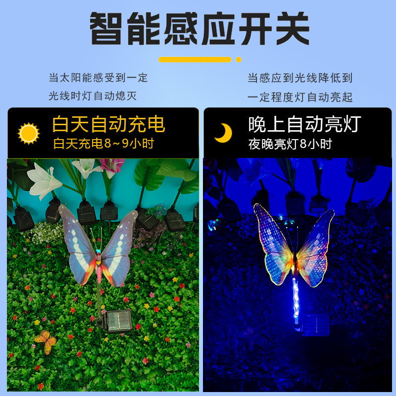 New solar fiber optic butterfly ground plug light, color-changing transparent fiber optic tube, butterfly garden lawn light, ambient light Specification drawing