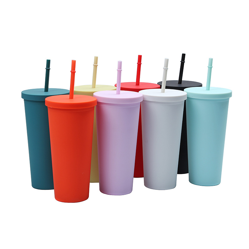 A new modern flat-lid plastic water cup from cross-border Amazon, a popular cartoon portable 24oz double-layer straw cup Item Picture
