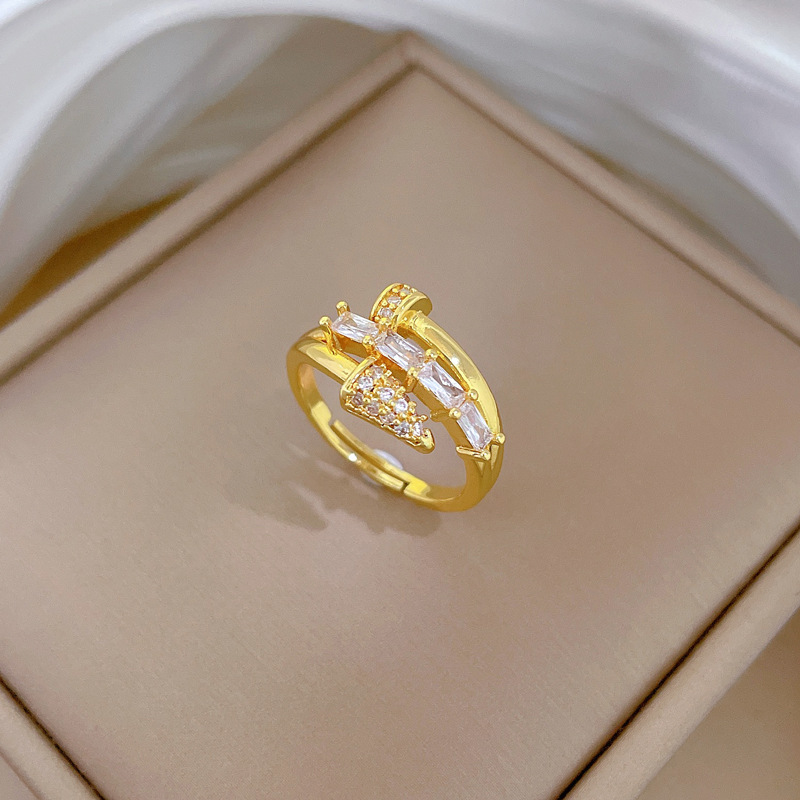 【 Real gold electroplating 】 Open nail women's fashionable micro-inlaid light luxury ring index finger ring, the same style as Internet celebrities, cold style Specification drawing