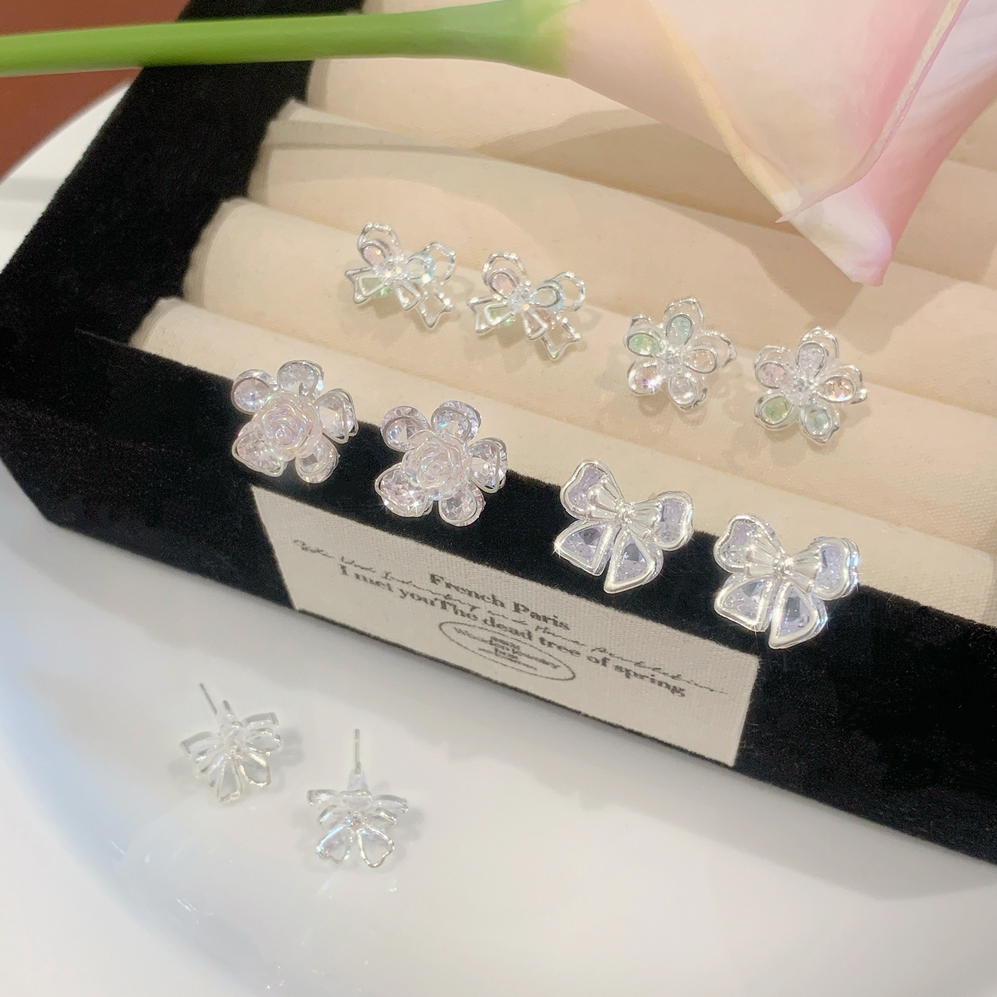 Super ethereal and sweet copper micro-inlaid zircon flower bow stud earrings, women's silver needle, niche, light luxury, high-end and versatile earrings details Picture