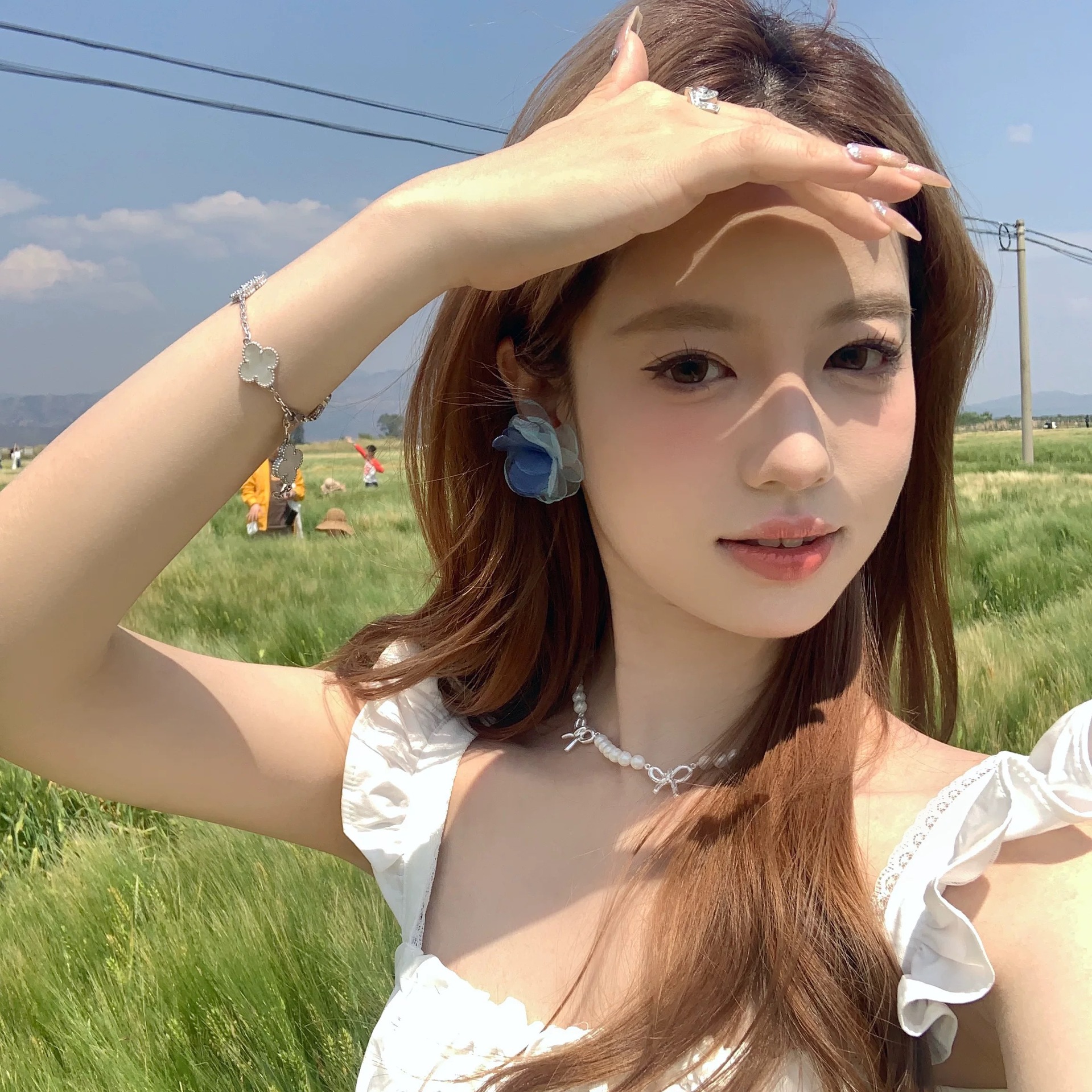 Super fairy-like blue chiffon earrings for women, 2025 new style bestsellers, high-end stud earrings, summer seaside vacation flower earrings details Picture