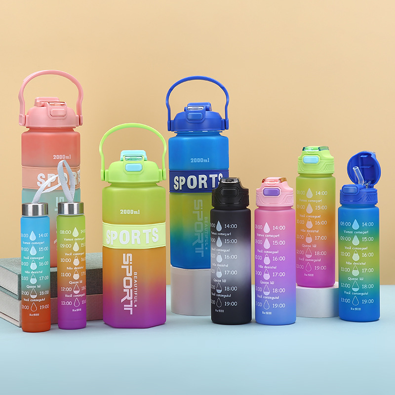 Cross-border gradient color hexagonal plastic cup three-piece set, outdoor convenient sports water bottle, large-capacity cup with straw and big belly Specification drawing