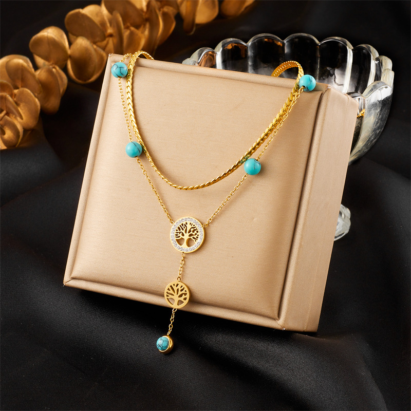 European and American retro, simple and fashionable double-layer gold-plated stainless steel chain tassel life tree blue turquoise accessory necklace full figure