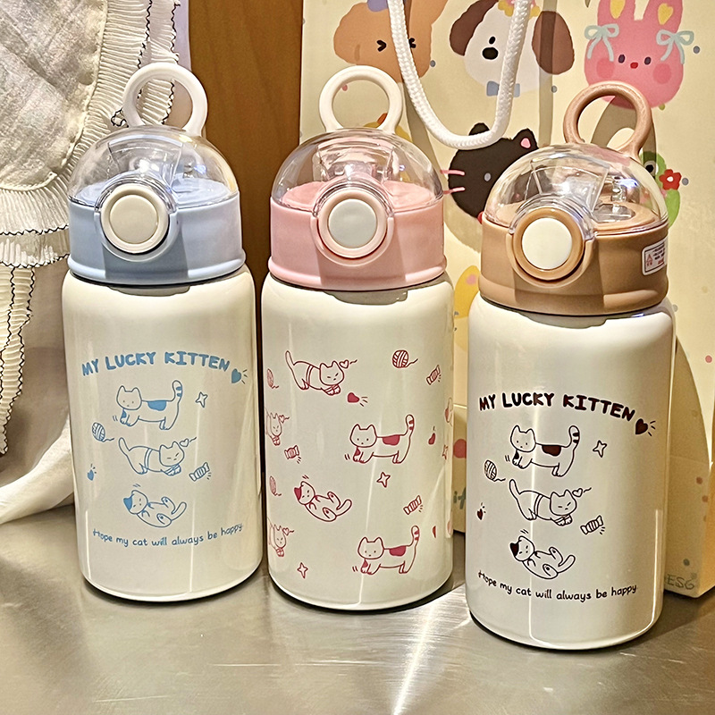 Ins-style warm color cute student stainless steel insulated cup 316 portable coffee cat insulated cup straw water bottle details Picture