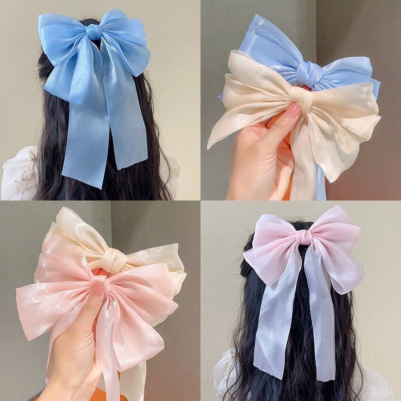 New mesh bow ribbon children's hair clip, girls' back head clip, girls' baby spring clip hair clip accessory full figure