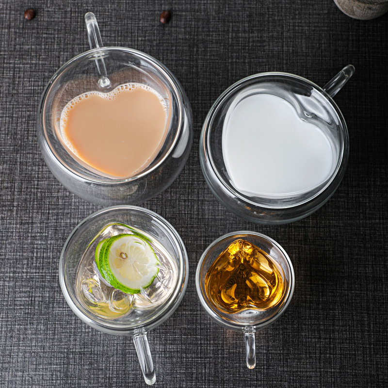 Wholesale heart-shaped glass cups, high-temperature resistant coffee cups, creative household double-layer glass heart-shaped tea cups with high appearance standards full figure