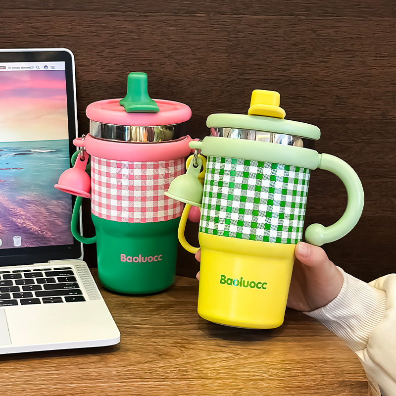 New coffee cup for girls, high appearance level, checkered InS-style straw cup, stainless steel portable handle, insulated cup gift Specification drawing