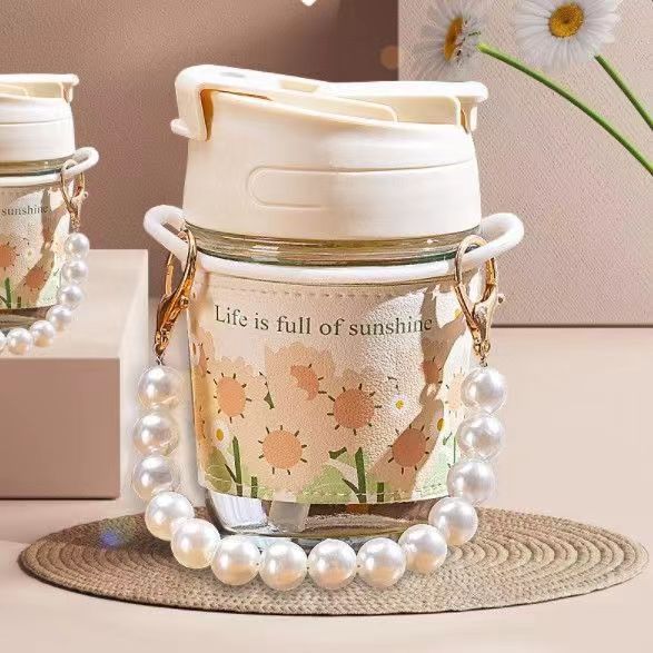 Wholesale internet-famous leather-covered straw cups, creative high appearance level glass cups, portable small fragrant style pearl cups, coffee details Picture