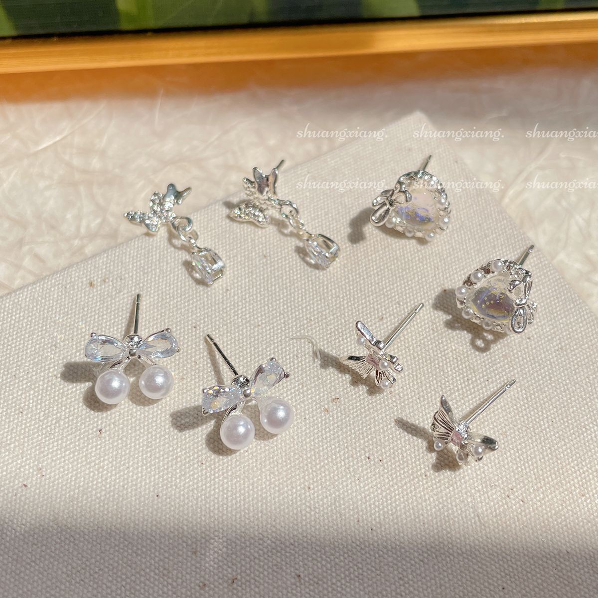 Summer diamond-encrusted plain silver bow stud silver needle three-pair set, small design, exquisite, simple and sweet earrings Specification drawing