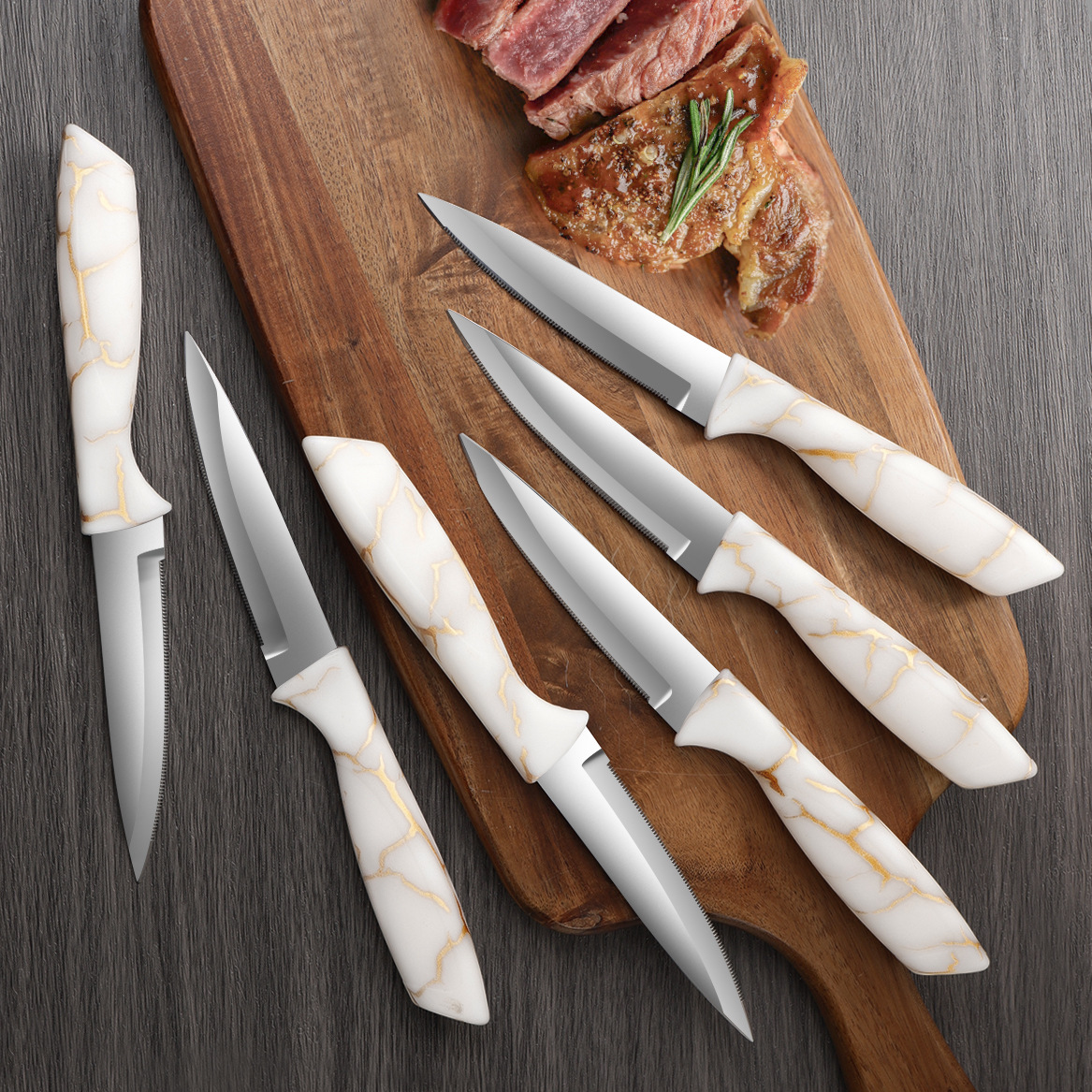 Stainless steel marble-patterned steak knife, serrated knife, Western dining knife, six-piece set of Western tableware, kitchen and hotel utensils Specification drawing
