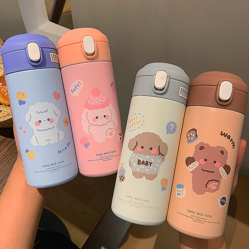 Cartoon insulated cup with straw, cute student winter water cup, portable leak-proof lock, high appearance level stainless steel cup details Picture