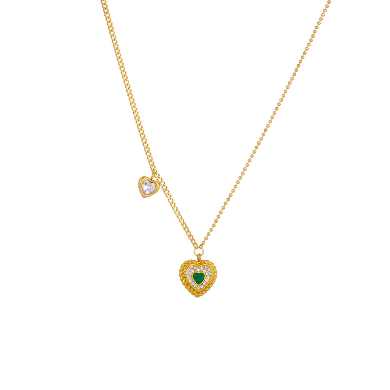 A fashionable, niche and high-end retro asymmetrical titanium steel gold-plated chain with diamond-encrusted heart pendant accessory necklace Item Picture
