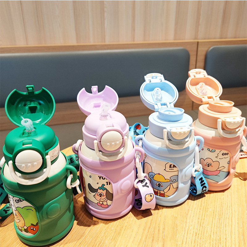 New creative 316 stainless steel double-drinking insulated cup for students, high appearance level, cartoon lanyard, portable shoulder strap, straw cup full figure