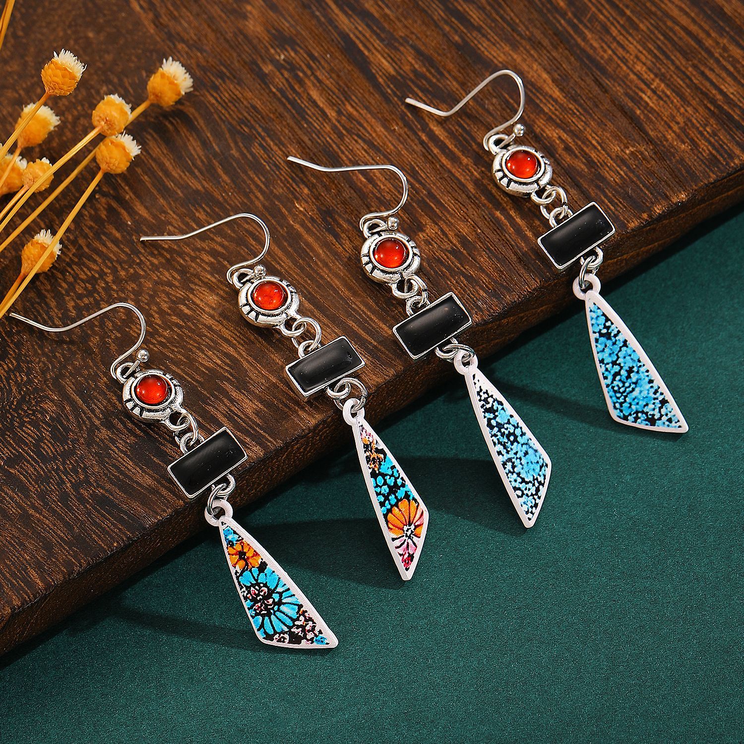 European and American cross-border jewelry, retro ethnic style, creative, niche and individual earrings, women's geometric patchwork color-blocking earrings and accessories Application Scenario