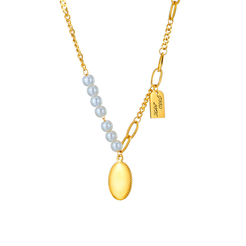 Metal spliced collarbone chain, elegant and high-end geometric pearl round plate, square pendant, irregular design sense necklace Item Picture